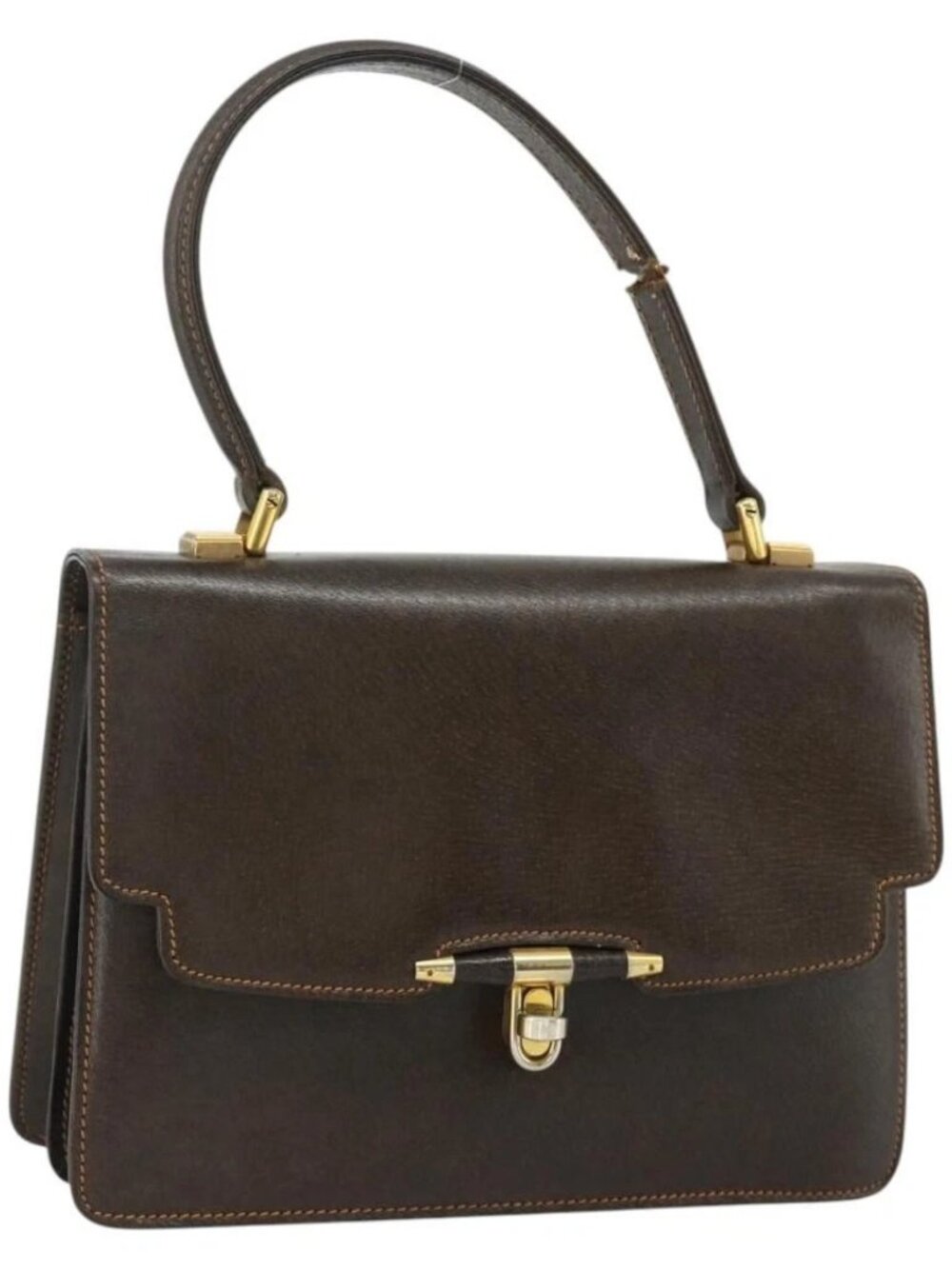 GUCCI Hand Bag Leather Brown Gold Auth ep14250